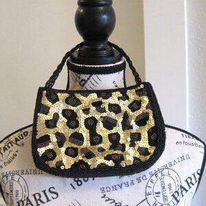 Inge Christopher Black & Gold Cheetah Sequin & Bead Evening Bag